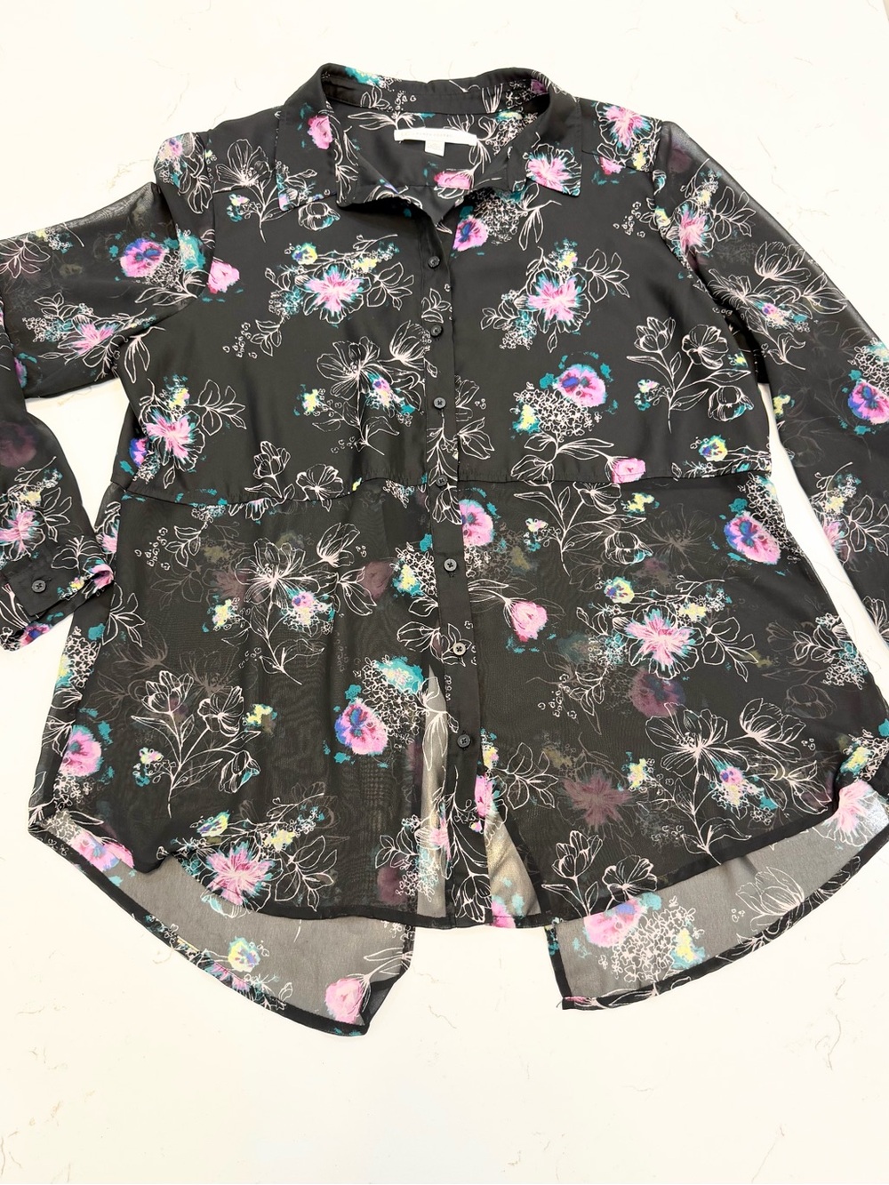 LC Lauren Conrad Black Floral Sheer Button-Up Tunic Blouse